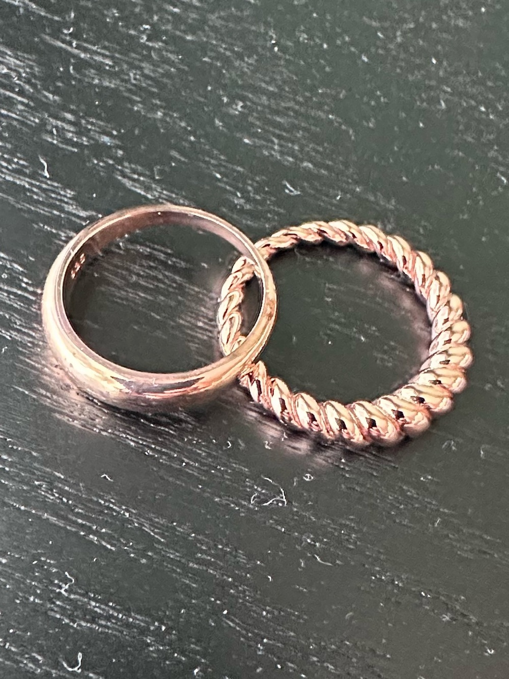 Rose Gold over Sterling Silver Stacking Ring Duo — Dome and Twisted Bands